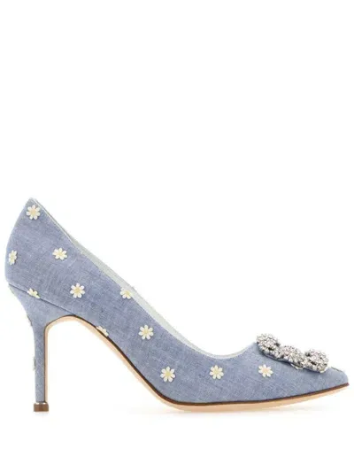 Manolo Blahnik 90mm Hangisi Canvas Pumps In Light Blue,white