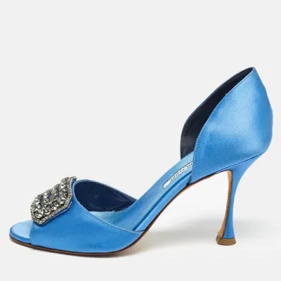 Pre-owned Manolo Blahnik Blue Satin Alicia D'orsay Pumps Size 38