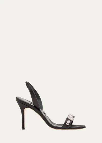 Manolo Blahnik Crystal Satin Halter Sandals In Blck