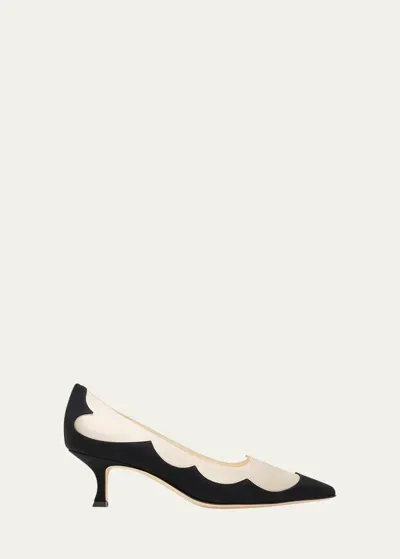 Manolo Blahnik Fabraka Bicolor Silk Kitten Pumps In Black/dark Cream