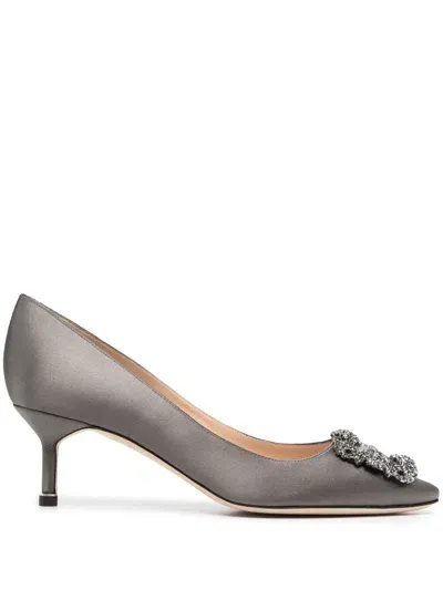 Manolo Blahnik Hangisi Crystal-buckle Leather Pumps In Grey