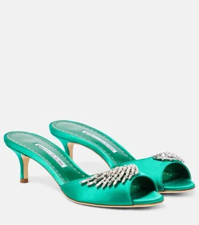 Manolo Blahnik Lumada Sabots Decorated With Satin Jewels In Green