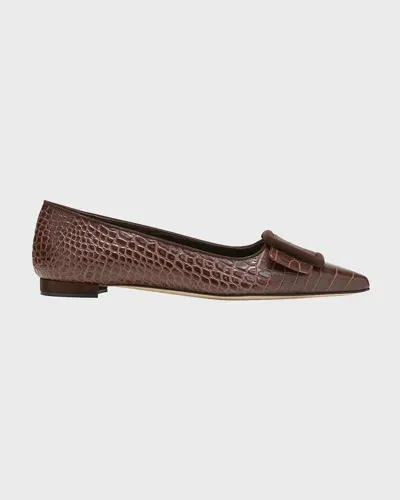 Manolo Blahnik Maysale Croco Buckle Ballerina Flats In Dark Brown