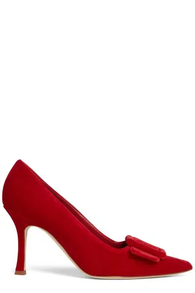 Manolo Blahnik Maysalepump Buckle Detailed Velvet Pumps In Red