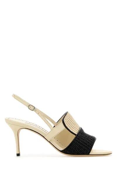 Manolo Blahnik Fabiola 70 Leather-trimmed Raffia Slingback Sandals In Lcrmblcklkha