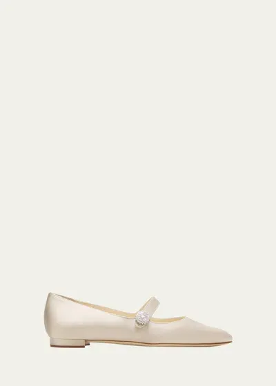 Manolo Blahnik Satin Crystal Mary Jane Ballerina Flats In Cream