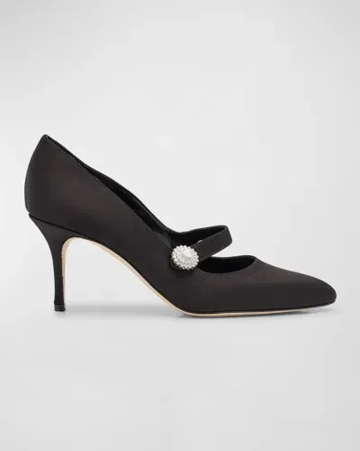 Manolo Blahnik Satin Crystal Mary Jane Pumps In Black