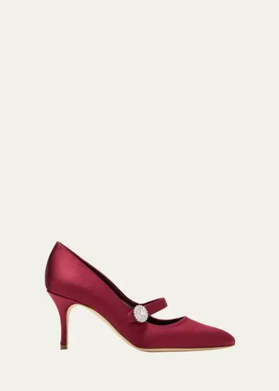 Manolo Blahnik Satin Crystal Mary Jane Pumps In Dark Red