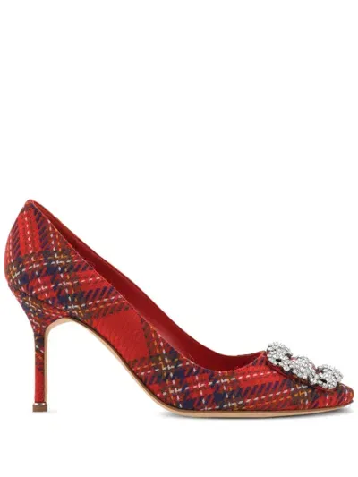 Manolo Blahnik Wool Tartan Check Pattern Pumps In Red