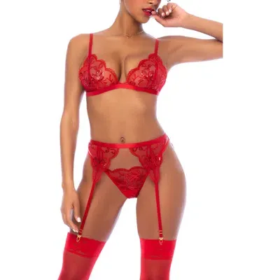 Mapalé Mapale Sequin Mesh Bralette, Thong & Garter Belt Set In Red