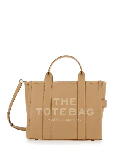 Marc Jacobs 'the Medium Tote Bag' Beige Shoulder Bag With Logo In Grainy Leather Woman