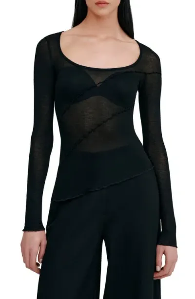 Marcella Melody Ruffle Seam Semisheer Jersey Top In Black