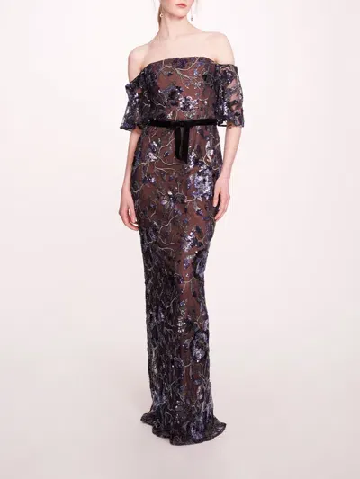 Marchesa Climbing Vines Gown In Crystal Ocean