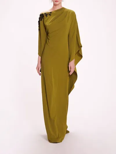 Marchesa Embroidered Draped Kaftan In Olive