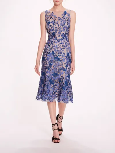 Marchesa Embroidered Tulle Midi Dress In Blue