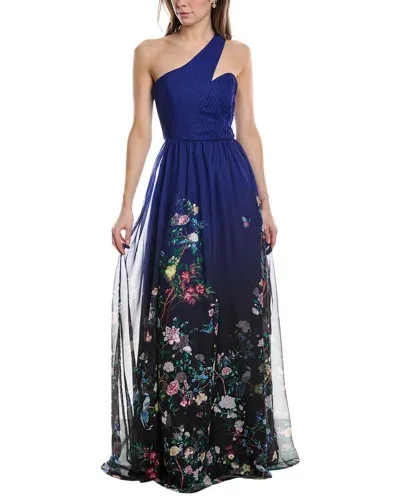 Marchesa Notte Flowering One Shoulder Gown In Blue