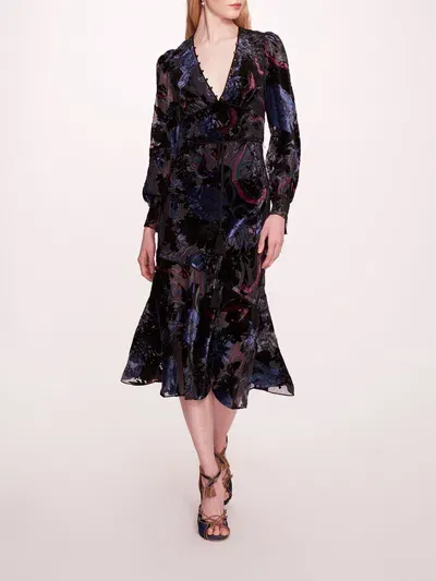 Marchesa Velvet Burnout Midi Dress In Blue Multi