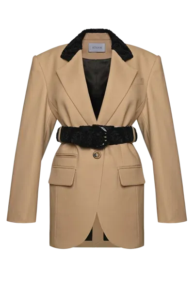 Maria Kokhia Belted Blazer With Faux Fur Collar In Beige