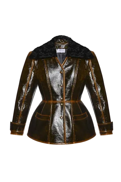 Maria Kokhia Faux Leather Blazer With Faux Fur Collar In Brown