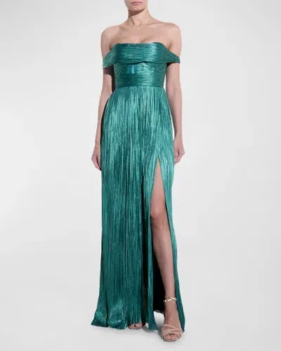 Maria Lucia Hohan Carla Off-the-shoulder Metallic Plisse Gown In Teal