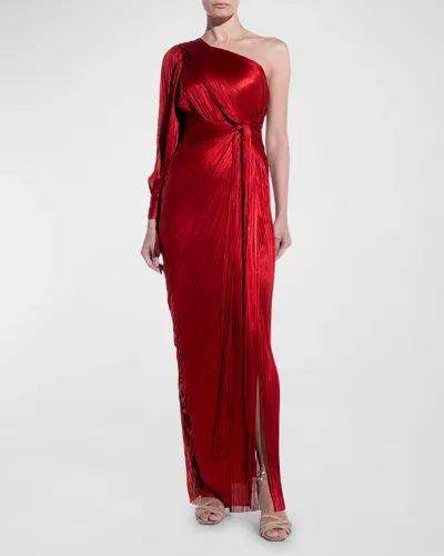 Maria Lucia Hohan Palmer Metallic Plisse One-shoulder Wrap Gown In Salsa