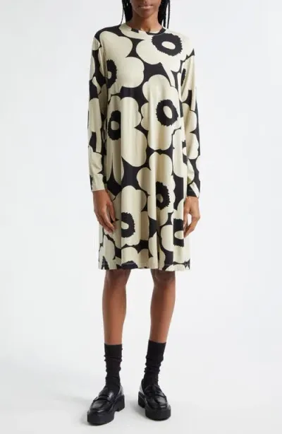 Marimekko Terassi Unikko Long Sleeve Stretch Jersey Dress In Black