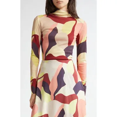 Marimekko Veduta Merino Wool Funnel Neck Top In Winered Yellow Peach