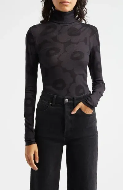 Marimekko Vilina Unikko Wool Rib Turtleneck In Dark Grey Black