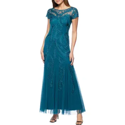 Marina Embellished Illusion Mesh Gown In Teal