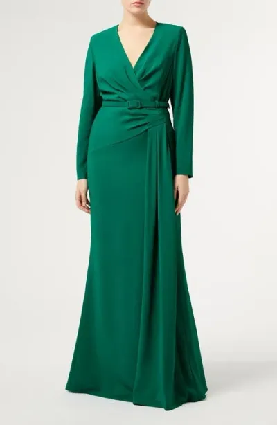 Marina Rinaldi Bonbon Belted Long Sleeve Gown In Green