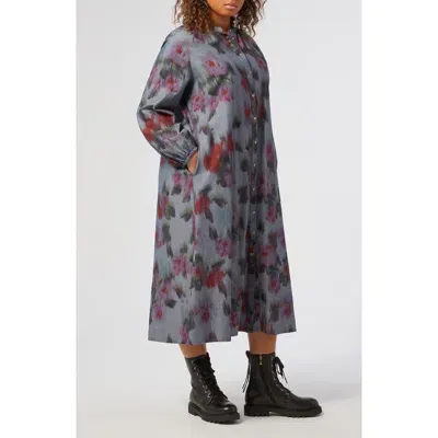 Marina Rinaldi Cimone Abstract Floral Long Sleeve Cotton Shirtdress In Navy Flower