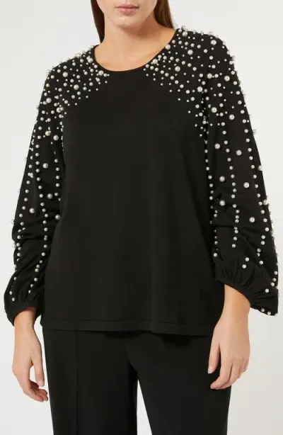 Marina Rinaldi Nelson Imitation Pearl Embellished Bracelet Sleeve Sweater In Black