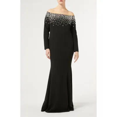 Marina Rinaldi Pedina Off The Shoulder Long Sleeve Cady Gown In Black