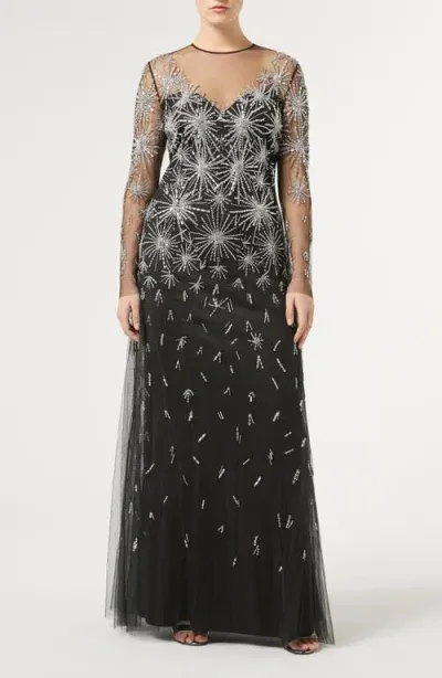 Marina Rinaldi Polka Embroidered Tulle Long Sleeve Gown In Black