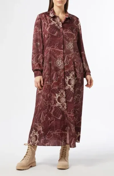 Marina Rinaldi Vermut Mixed Print Long Sleeve Shirtdress In Bordeaux