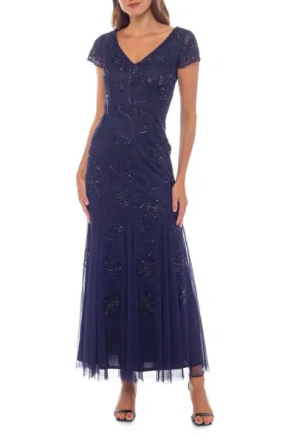 Marina V-neck Beaded Gown In Navy