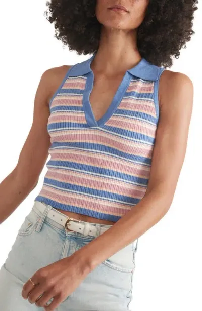 Marine Layer Amelia Stripe Sleeveless Johnny Collar Rib Crop Polo In Indigo Multi Stripe