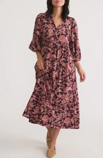 Marine Layer Lola Floral Puff Sleeve Midi Dress In Warm Floral