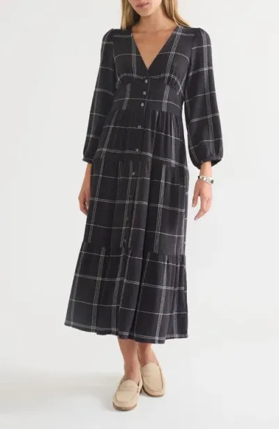 Marine Layer Maeve Plaid Long Sleeve Tiered Maxi Dress In Black Windowpane