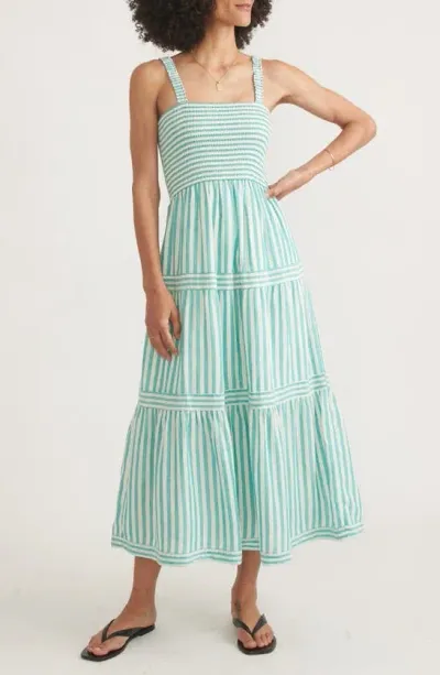 Marine Layer Selene Stripe Smocked Tiered Midi Sundress In Aqua Strip