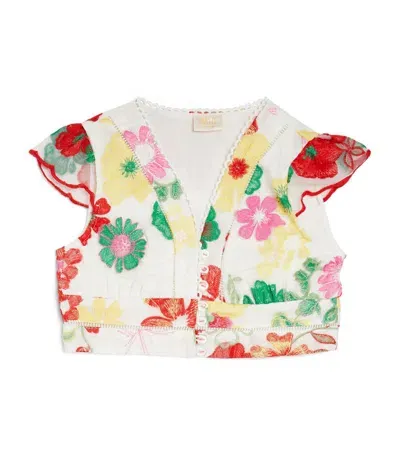 Marlo Kids' Floral-embroidered Lace-trim Shirt In Multicolour