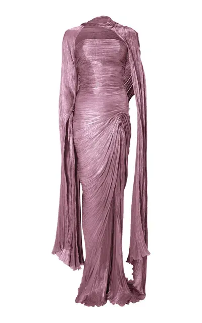 Marmar Halim Cape-detailed Pleated Silk Satin Gown In Brown