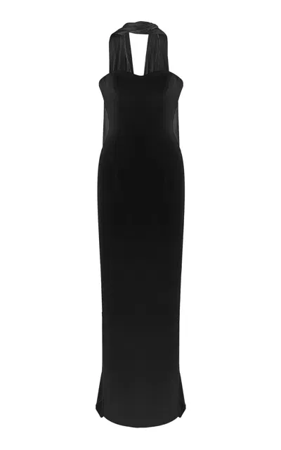 Marmar Halim Chiffon Scarf Crepe Maxi Dress In Black