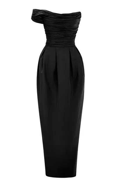 Marmar Halim Column Pleated Taffeta Gown In Black