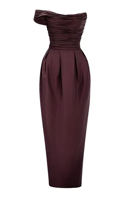 Marmar Halim Column Pleated Taffeta Gown In Brown