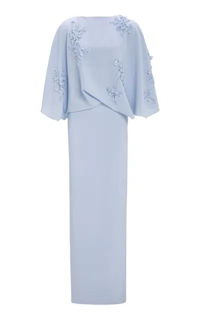 Marmar Halim Floral Appliqued Crepe Cape Gown In Light Blue