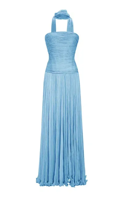 Marmar Halim Hand Pleated Silk Georgette Gown In Blue