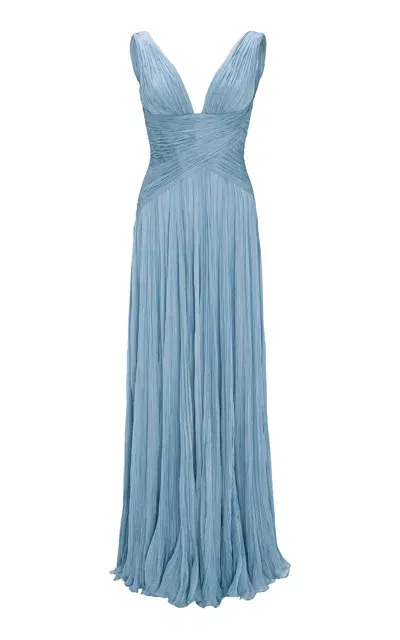 Marmar Halim Lettuce Hem Pleated Silk Gown In Blue