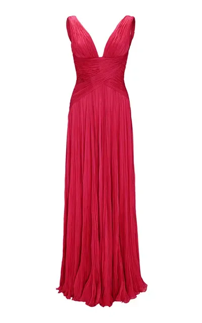 Marmar Halim Lettuce Hem Pleated Silk Gown In Red