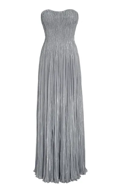 Marmar Halim Pleated Foil Fabric Silk Gown In Silver